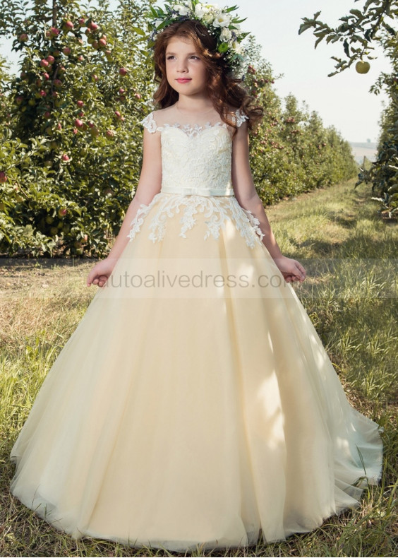 Lace Tulle Keyhole Corset Back Floor Length Flower Girl Dress